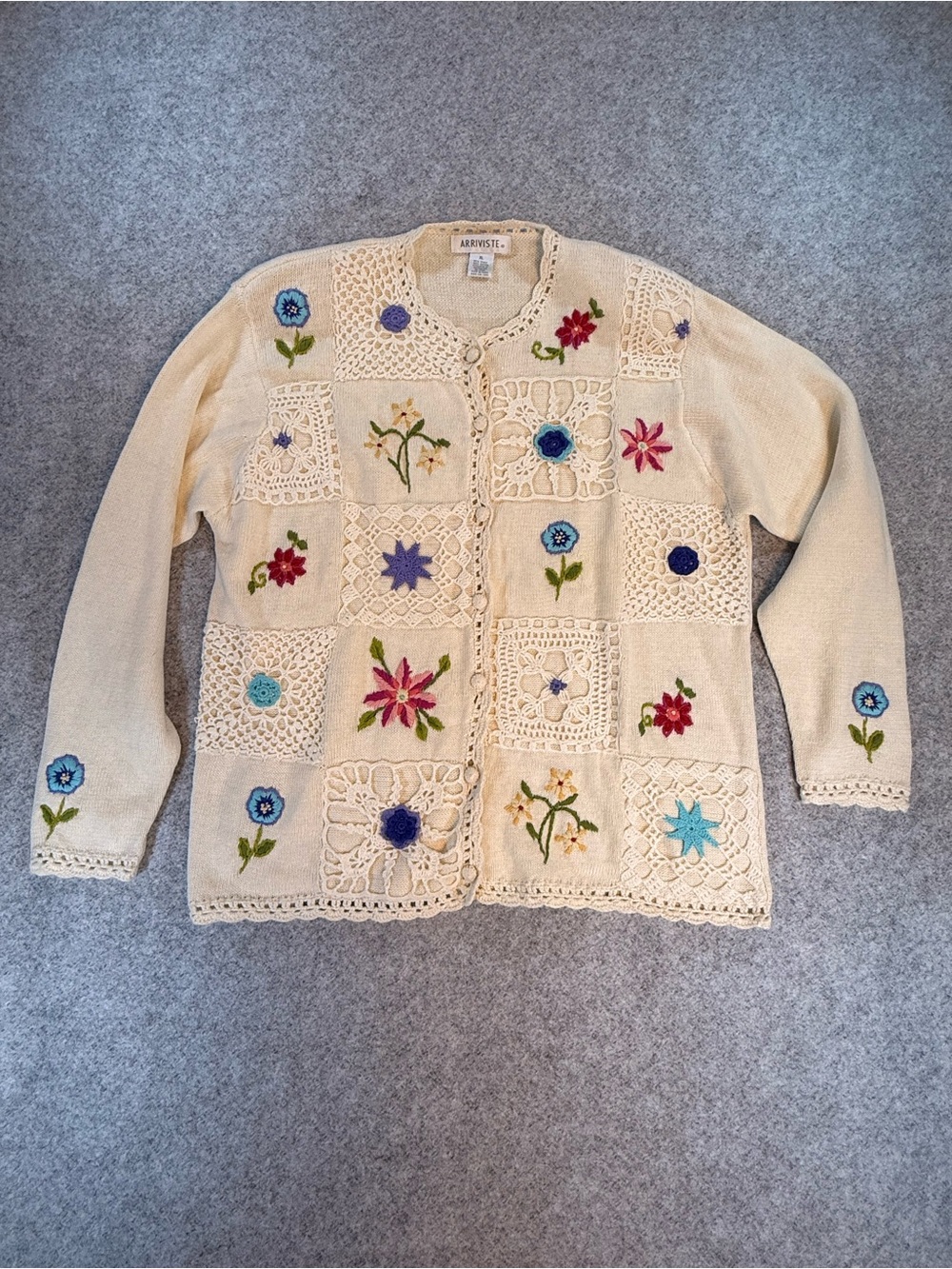 Arriviste XL Floral Embroidered Crochet Patchwork Cardigan Cottagecore